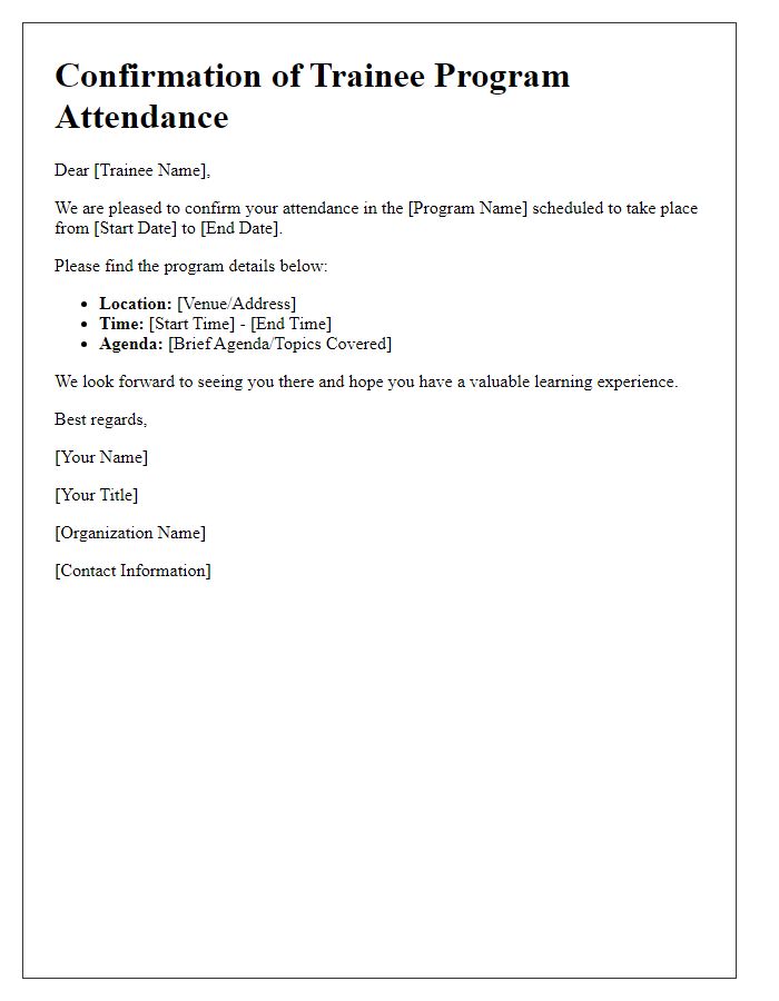 Letter template of confirmation for trainee program attendance