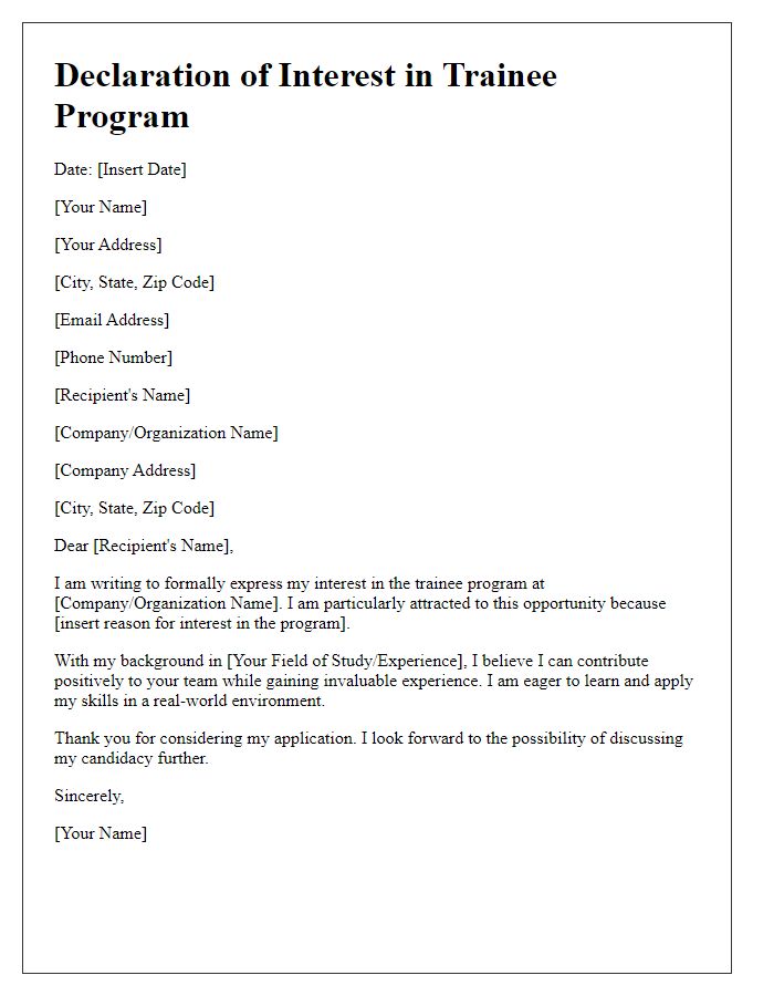 Letter template of declaration of interest in trainee program