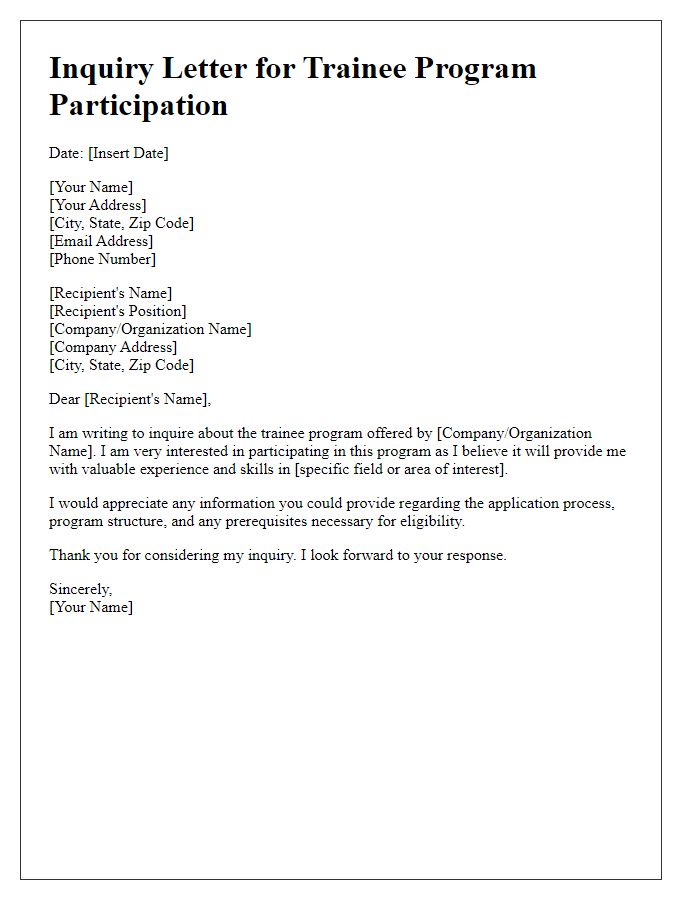 Letter template of inquiry for trainee program participation