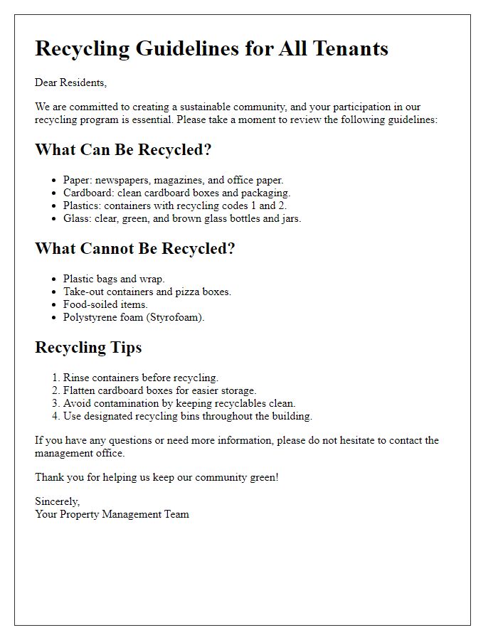 Letter template of tenant recycling guidelines and information