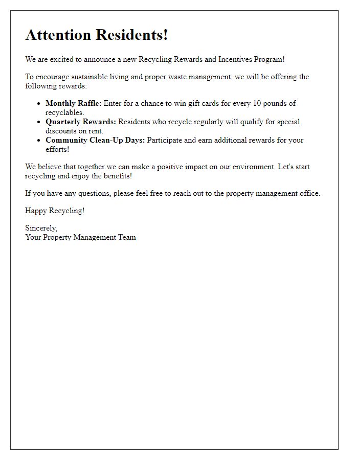 Letter template of tenant recycling rewards and incentives announcement