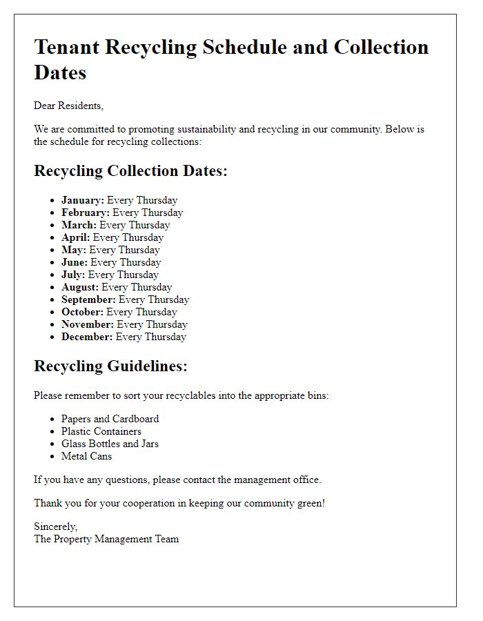 Letter template of tenant recycling schedule and collection dates