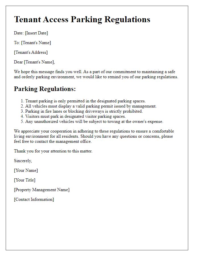 Letter template of tenant access parking regulations