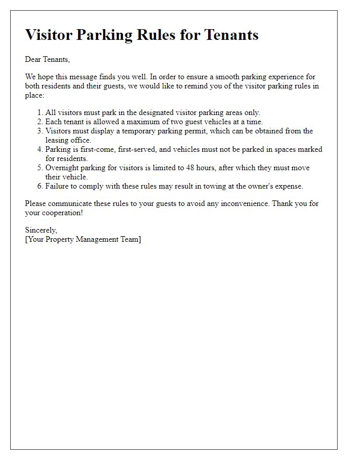 Letter template of visitor parking rules for tenants