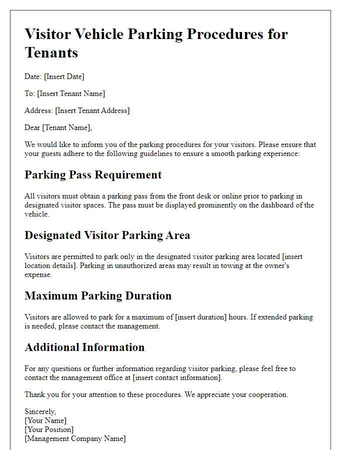 Letter template of visitor vehicle parking procedures for tenants