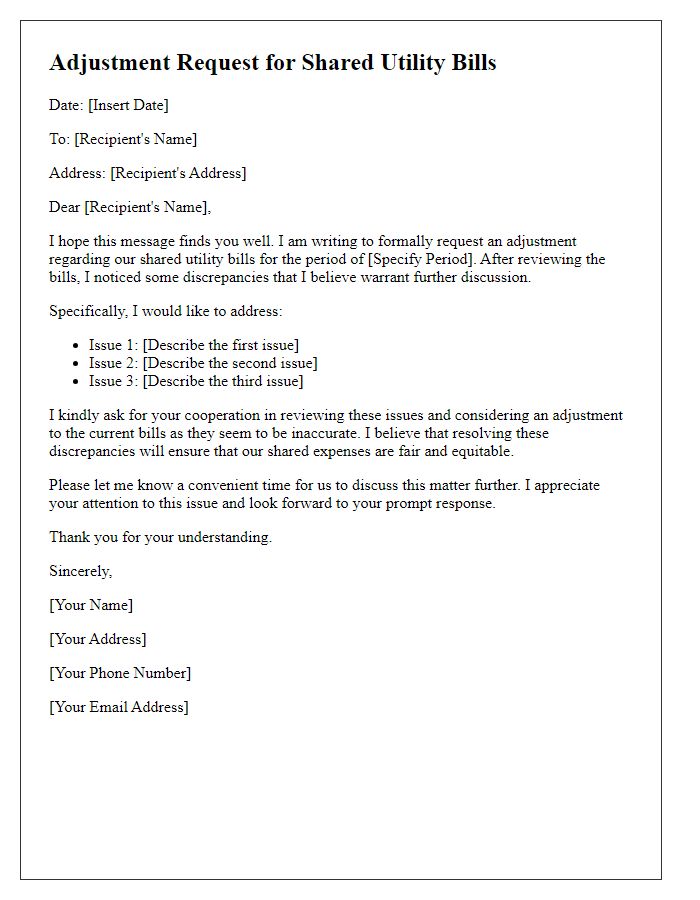 Letter template of adjustment request for shared utility bills