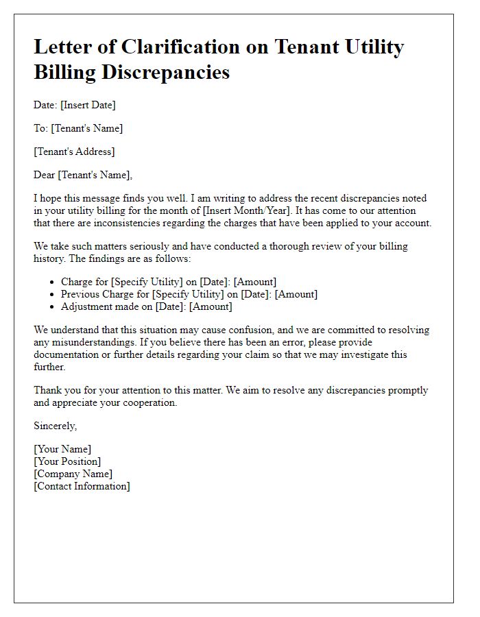 Letter template of clarification on tenant utility billing discrepancies