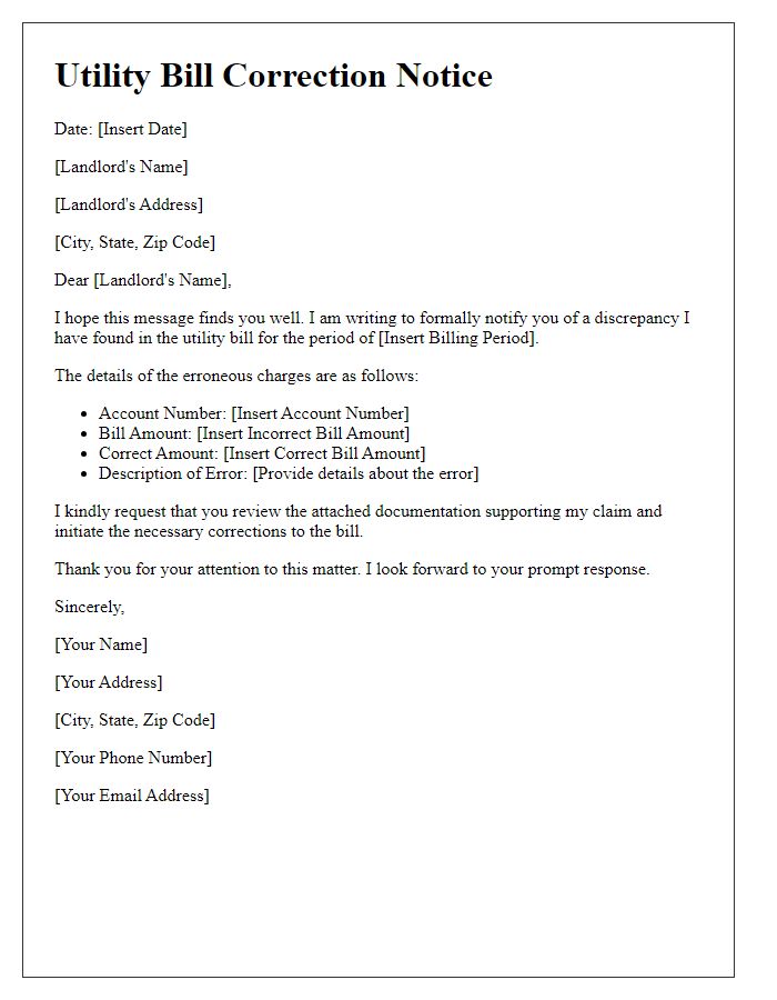 Letter template of tenant utility bill correction notice