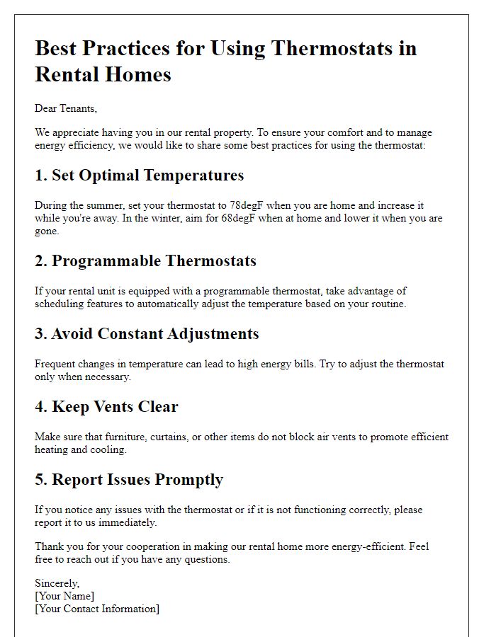 Letter template of best practices for using thermostats in rental homes