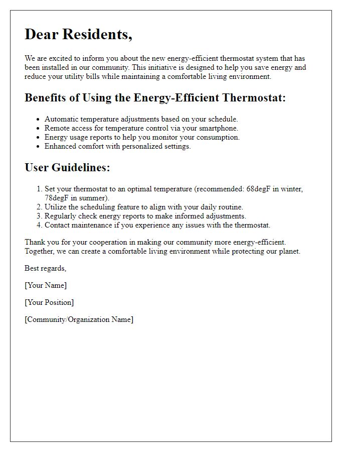 Letter template of energy-efficient thermostat usage for residents