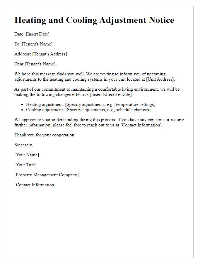 Letter template of heating and cooling adjustments for tenants