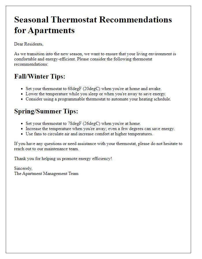 Letter template of seasonal thermostat recommendations for apartments