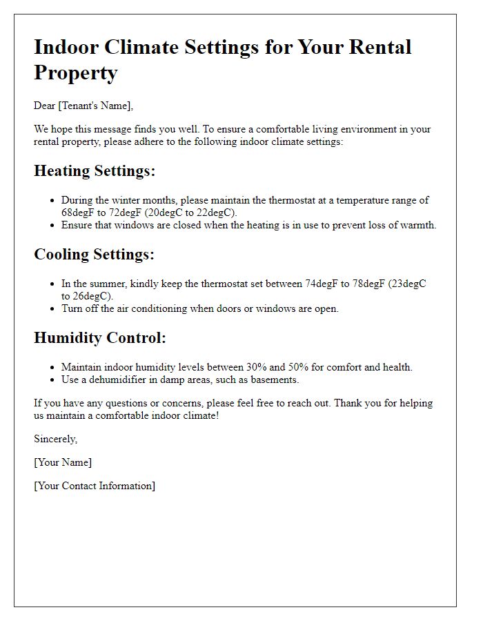 Letter template of settings for maintaining indoor climate in rentals