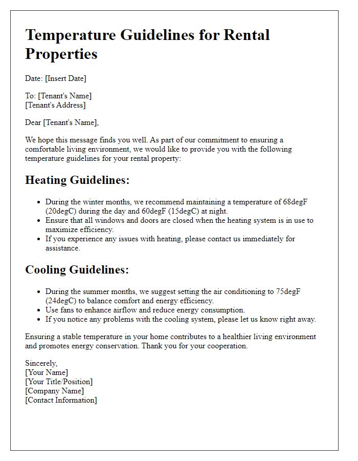 Letter template of temperature guidelines for rental properties