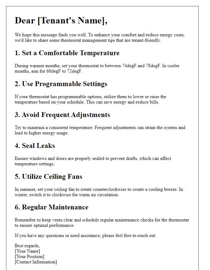 Letter template of tenant-friendly thermostat management advice