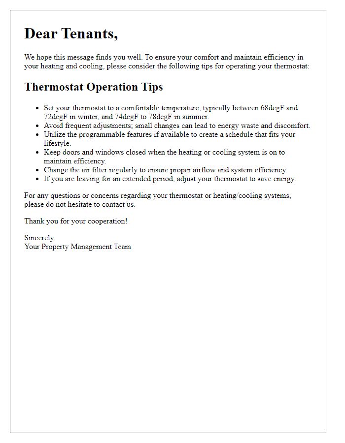 Letter template of thermostat operation tips for tenants