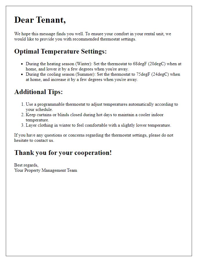 Letter template of thermostat settings for optimal comfort in rental units