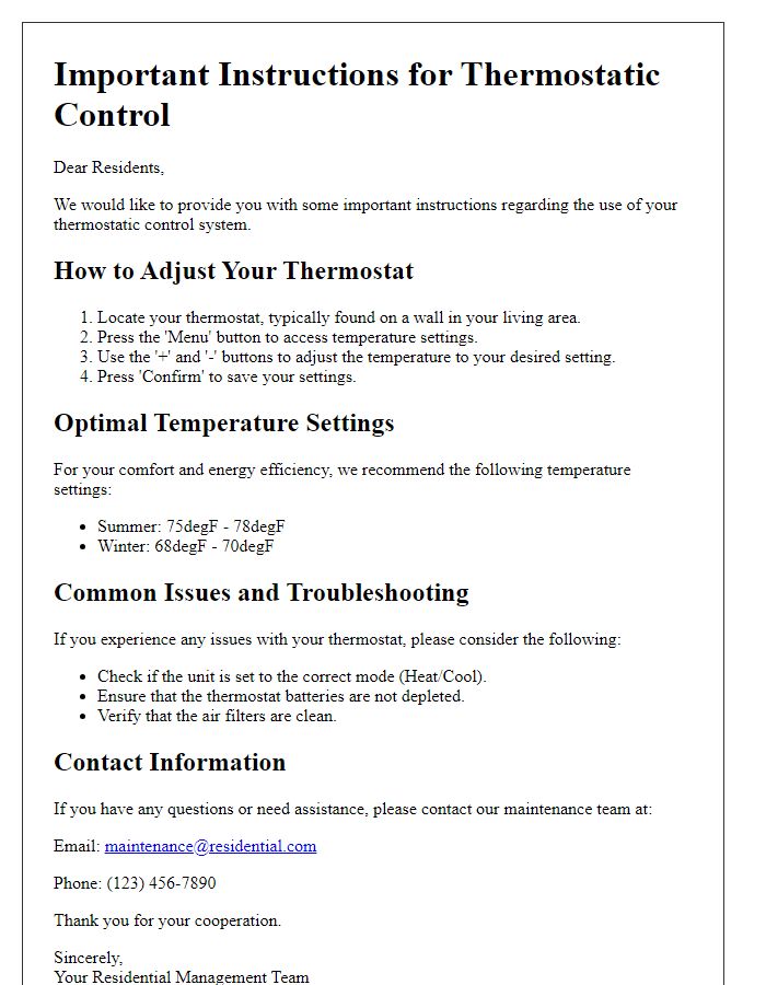 Letter template of thermostatic control instructions for residents