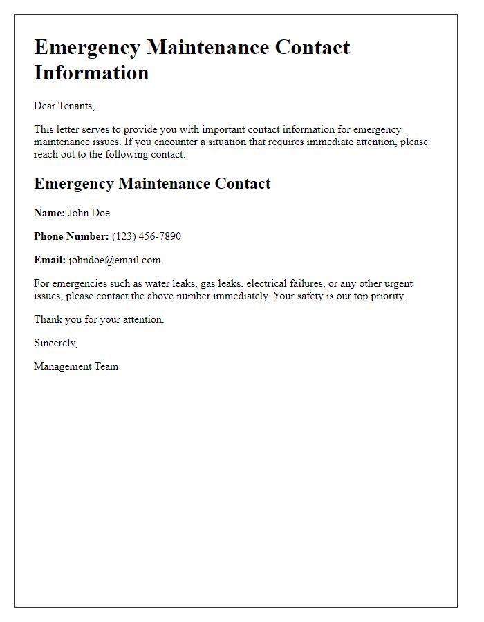 Letter template of emergency maintenance contact for tenants