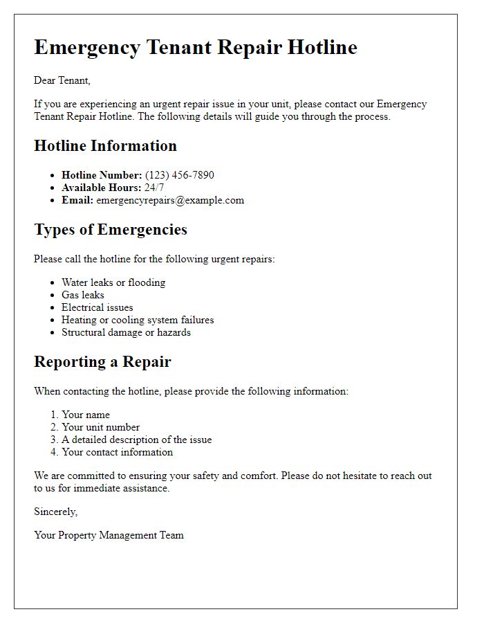 Letter template of emergency tenant repair hotline details