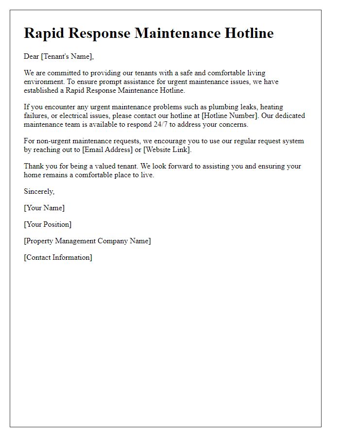 Letter template of rapid response maintenance hotline for tenants