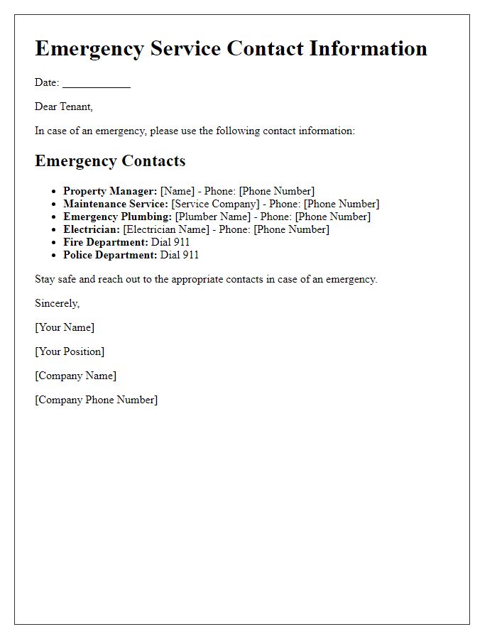 Letter template of tenant emergency service contact information