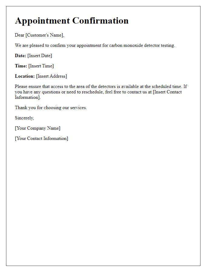 Letter template of confirmation for carbon monoxide detector testing appointment.