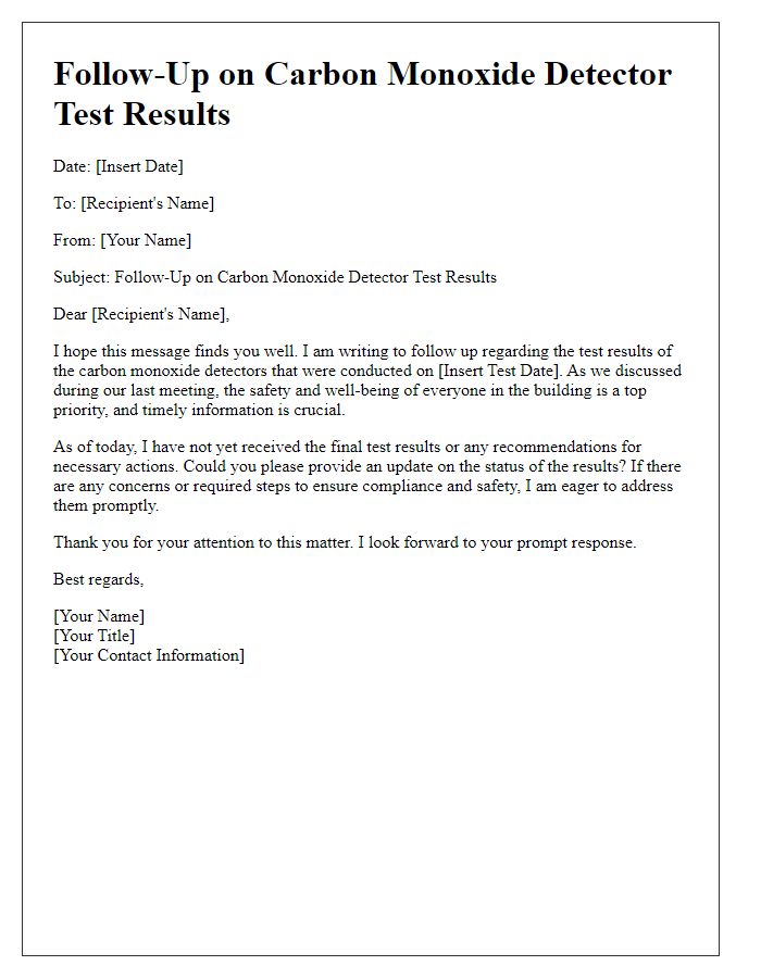 Letter template of follow-up on carbon monoxide detector test results.