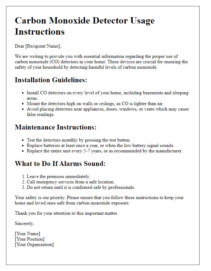 Letter template of instruction for proper use of carbon monoxide detectors.