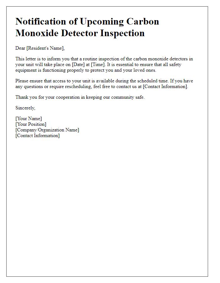 Letter template of notification for carbon monoxide detector inspection.