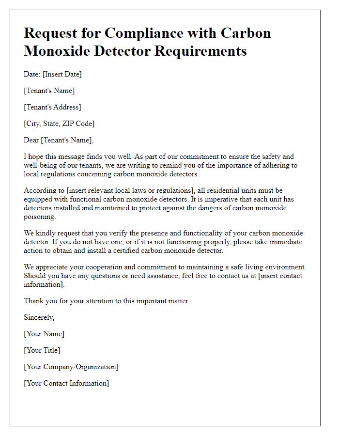 Letter template of request for tenant carbon monoxide detector compliance.