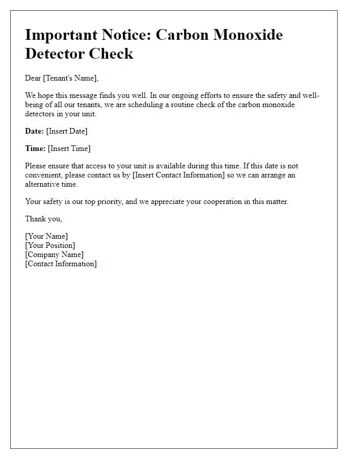 Letter template of scheduling carbon monoxide detector check for tenants.