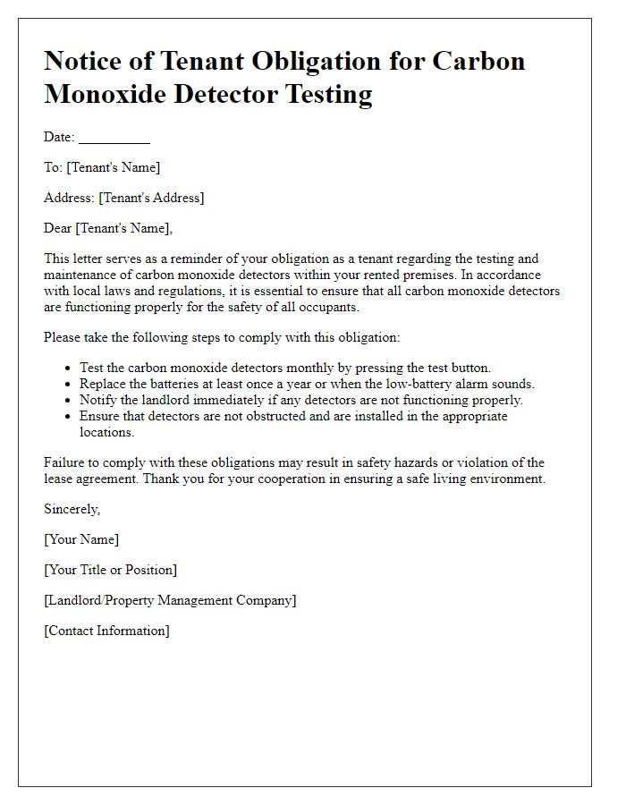 Letter template of tenant obligation for carbon monoxide detector testing.