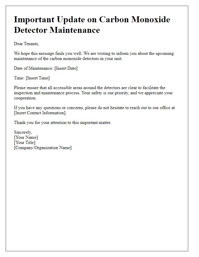 Letter template of update on carbon monoxide detector maintenance for tenants.