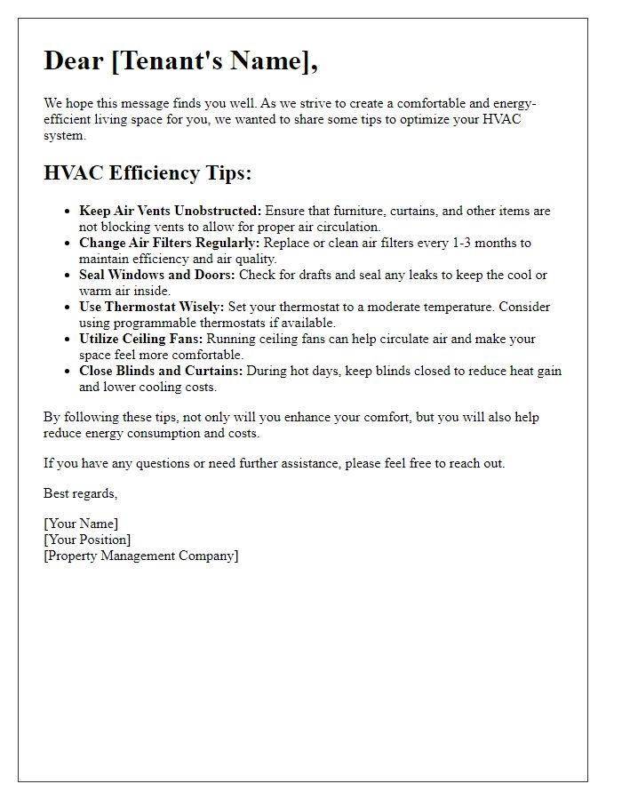 Letter template of HVAC efficiency tips for renters