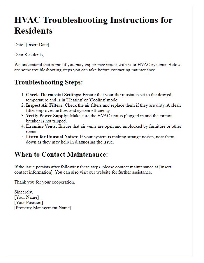 Letter template of HVAC troubleshooting instructions for residents