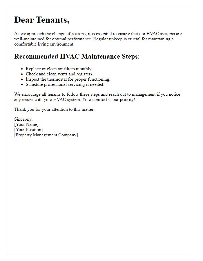 Letter template of seasonal HVAC upkeep for tenants