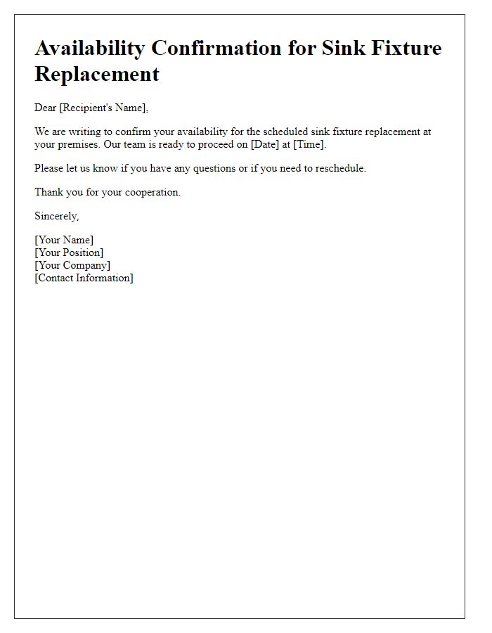 Letter template of availability confirmation for sink fixture replacement