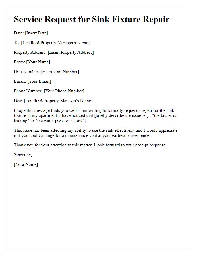 Letter template of tenant service request for sink fixture repair