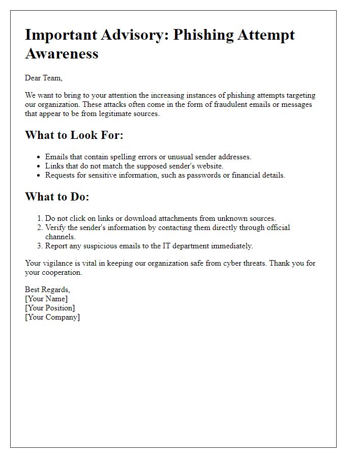 Letter template of advisory for phishing attempt awareness