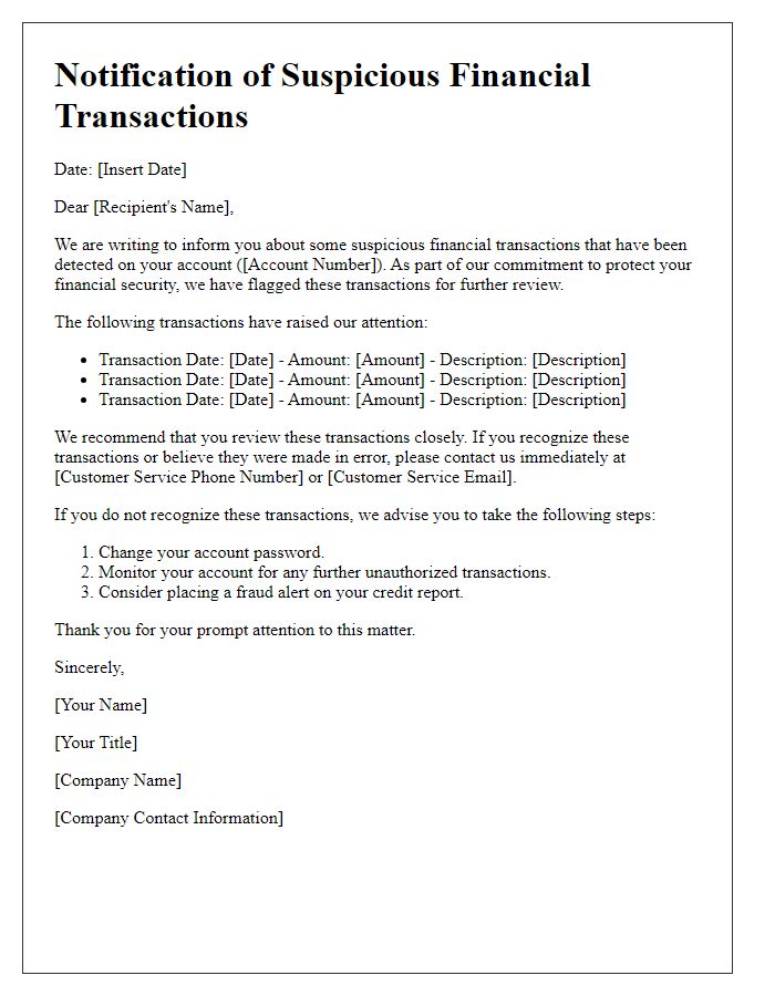 Letter template of notification regarding suspicious financial transactions