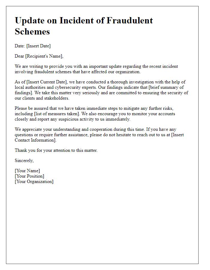 Letter template of update on incident of fraudulent schemes