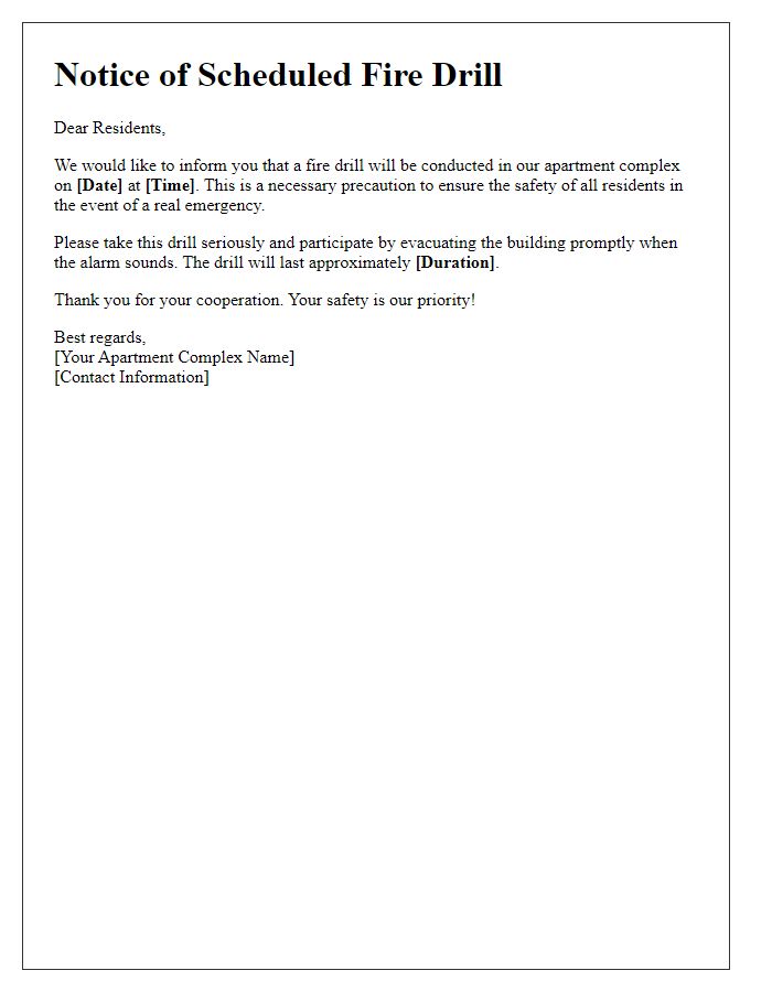 Letter template of fire drill event notice for apartment complex