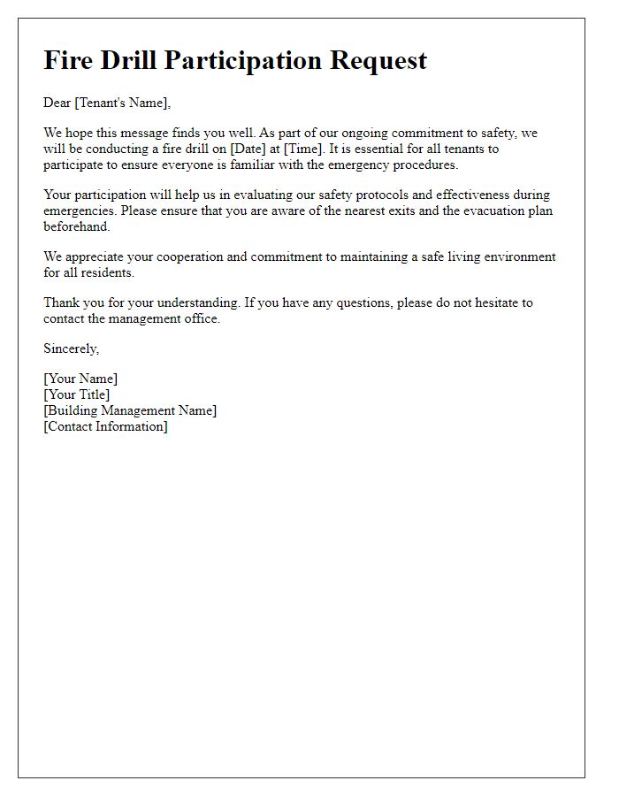 Letter template of fire drill participation request for tenants