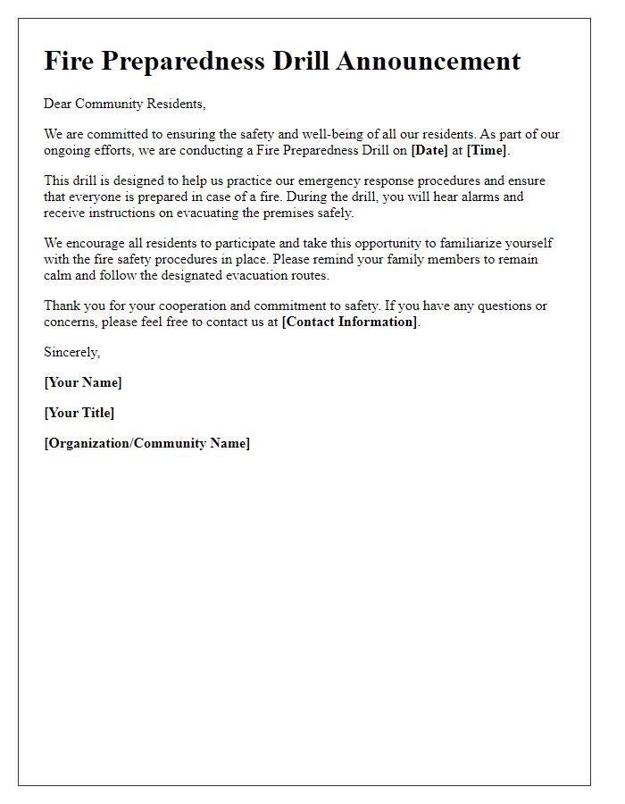 Letter template of fire preparedness drill announcement for community