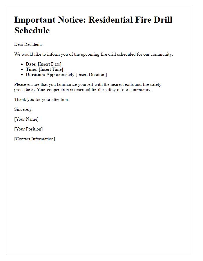 Letter template of residential fire drill schedule for all residents