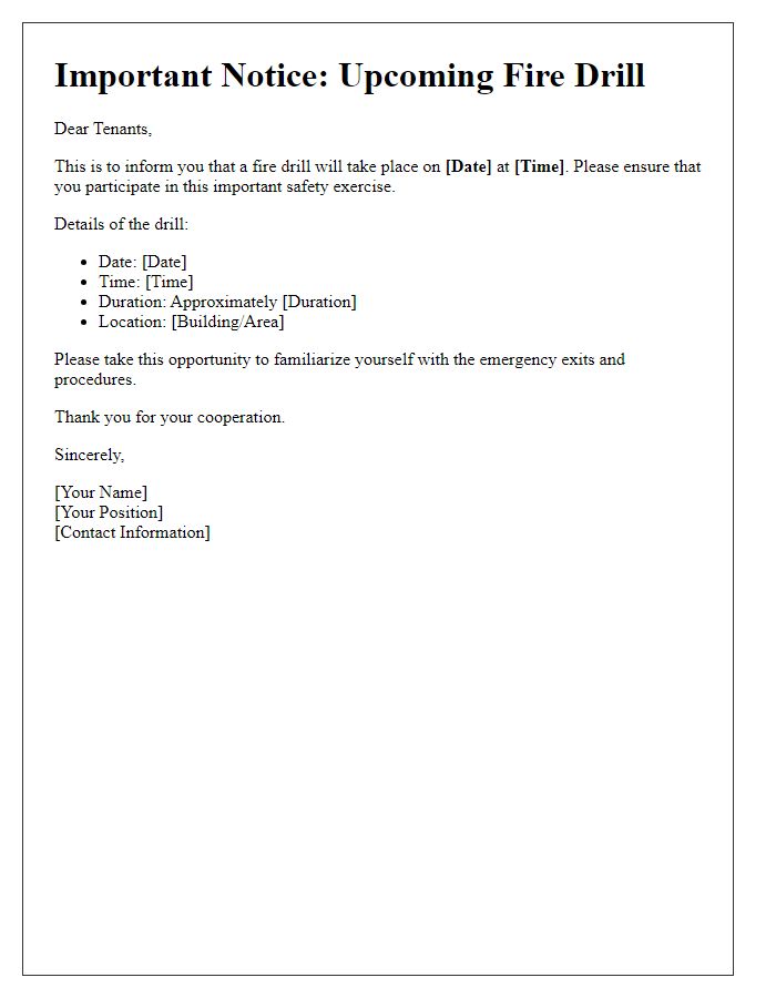 Letter template of upcoming fire drill notification for tenants