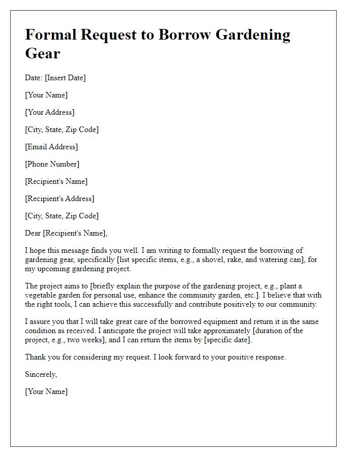 Letter template of formal request for borrowing gardening gear