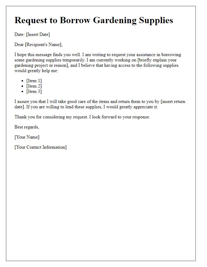 Letter template of requesting to borrow gardening supplies temporarily