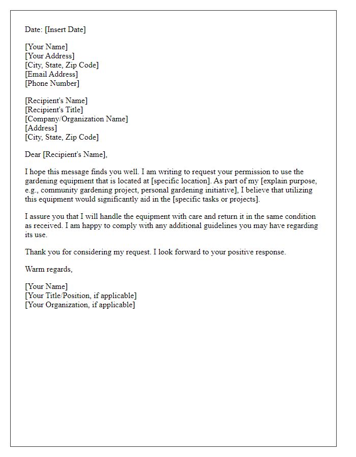 Letter template of seeking permission to use gardening equipment